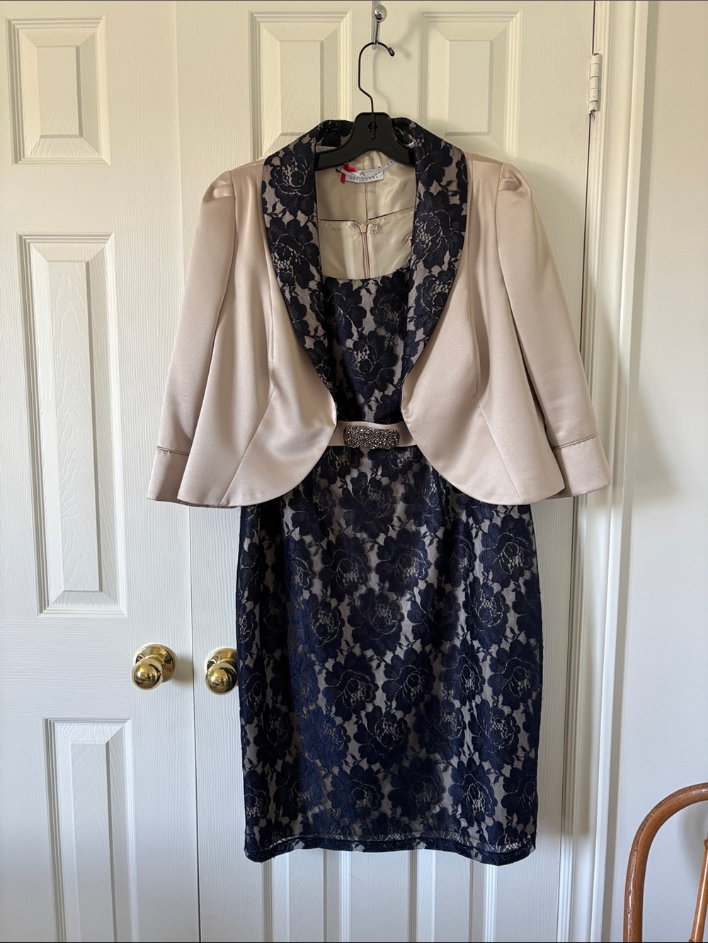 Navy Lace Midi Dress with Cream Jacket - Unknown Brand